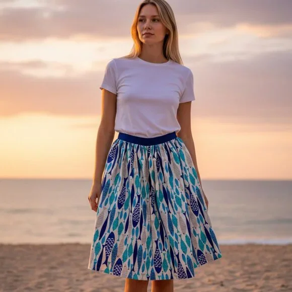 NWT-Oblong Box Shop School of Fish Novelty Print Circle Skirt Retro Rockabilly - Picture 1 of 6